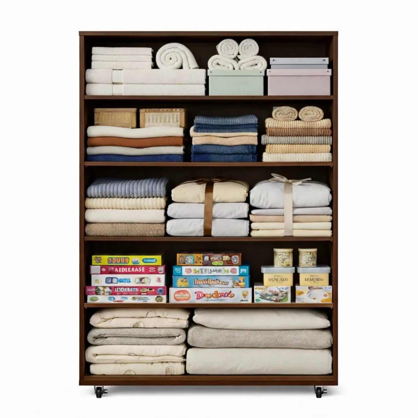 Modern 5 Drawer Dresser With Wheels storage cabinet in dark wood with towels, linens and games on Tampa Home & Garden Store