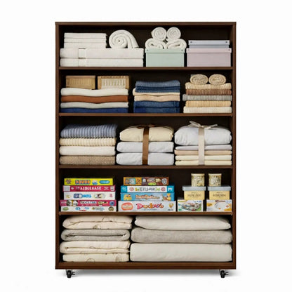 Modern 5 Drawer Dresser With Wheels storage cabinet in dark wood with towels, linens and games on Tampa Home & Garden Store