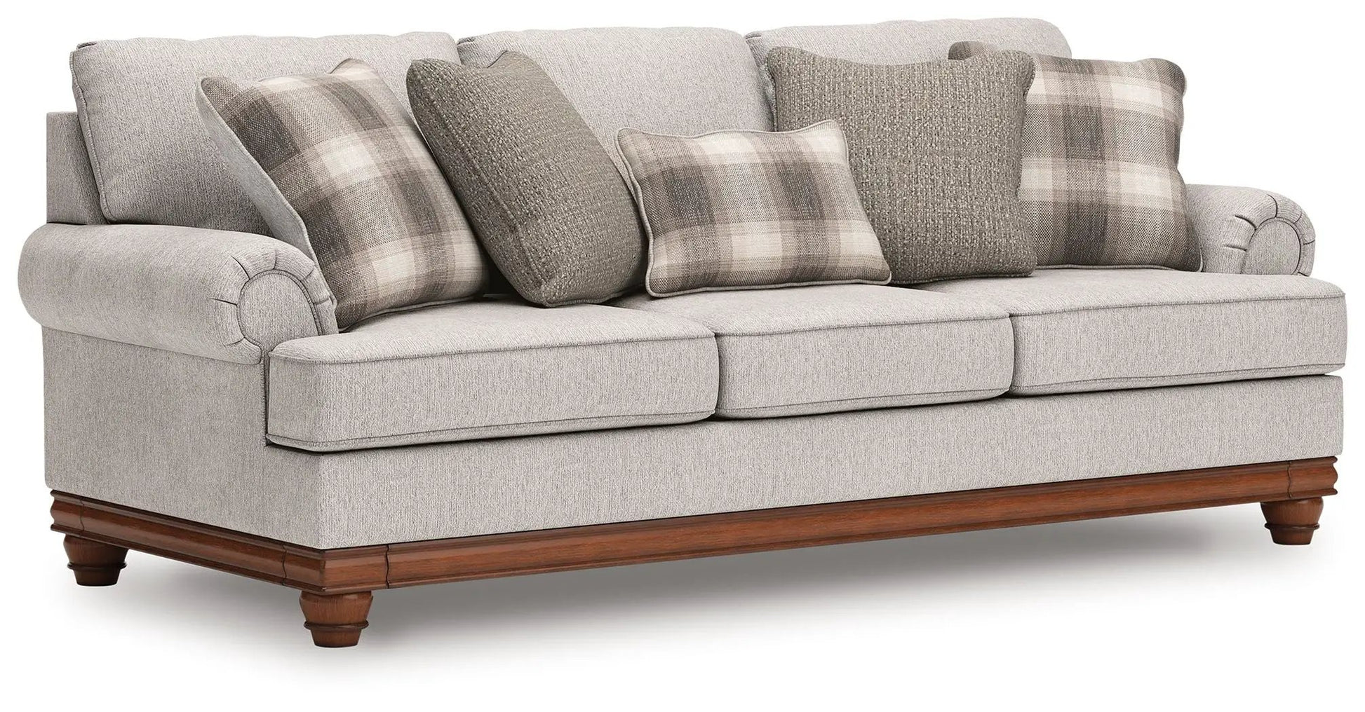 Clearbrooke Sandstone sofa, 3-seat stationary beige fabric with plaid cushions, wooden base on Tampa Home & Garden Store