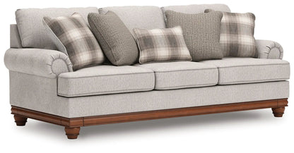 Clearbrooke Sandstone sofa, 3-seat stationary beige fabric with plaid cushions, wooden base on Tampa Home & Garden Store