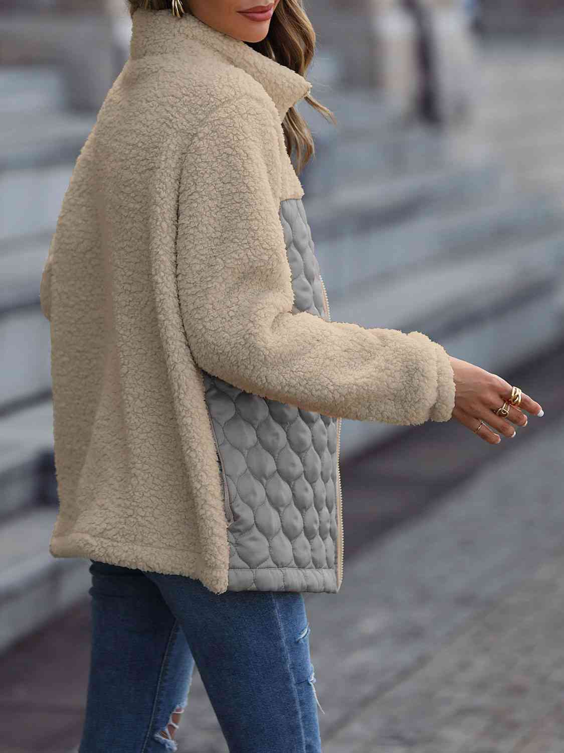 Stevvex Unique Autumn Leopard Color Block Zip-Up Jacket beige sherpa outer with gray quilted panel pockets on Tampa Home & Garden Store