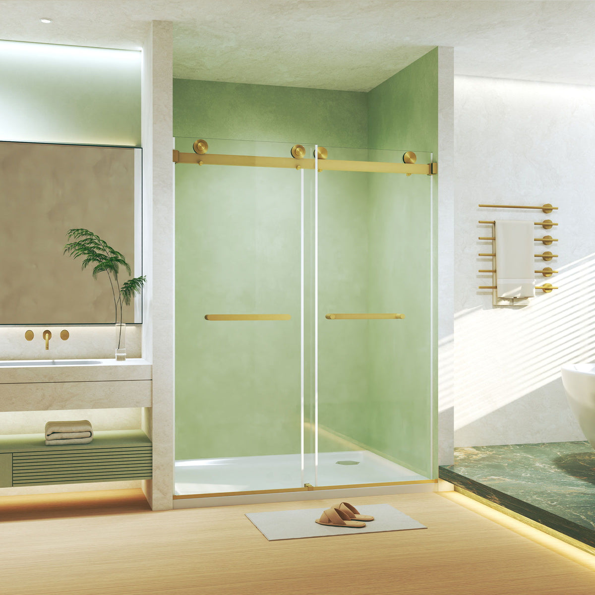 Frameless double sliding tempered-glass shower door with gold hardware on Tampa Home & Garden Store