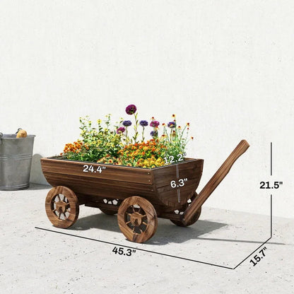 Small wooden wheelbarrow planter with drainage, rustic mobile garden cart in wood finish on Tampa Home & Garden Store