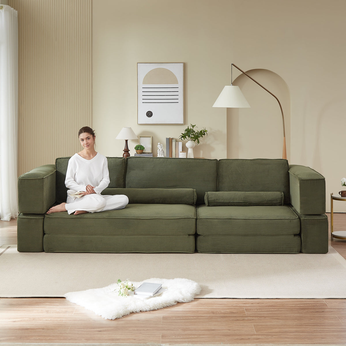 Large modern corduroy sectional sofa by HouseOfZazla in olive green, modular configuration on Tampa Home & Garden Store