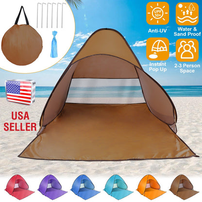 GemGear pop-up beach tent sun shade for 2-3 people, tan with net window and stakes on Tampa Home & Garden Store