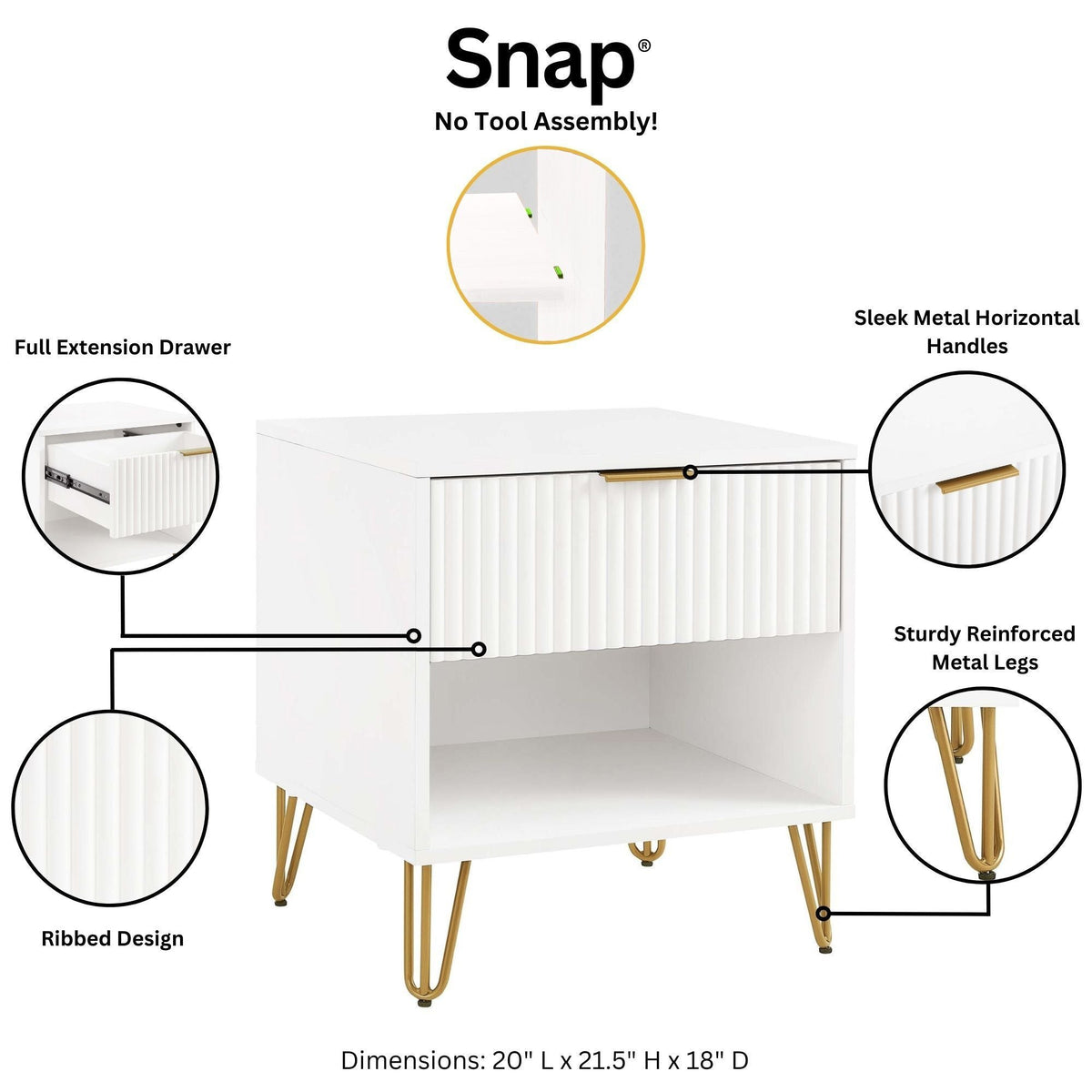 Modern Nightstand by HouseOfZazla with Fluted Drawer; ribbed white front, gold metal legs on Tampa Home & Garden Store