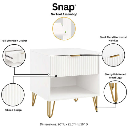 Modern Nightstand by HouseOfZazla with Fluted Drawer; ribbed white front, gold metal legs on Tampa Home & Garden Store