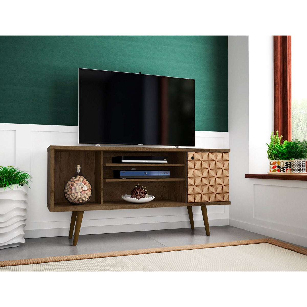 Smart Storage TV Stand by HouseOfZazla with solid wood legs in dark brown finish open shelves on Tampa Home & Garden Store