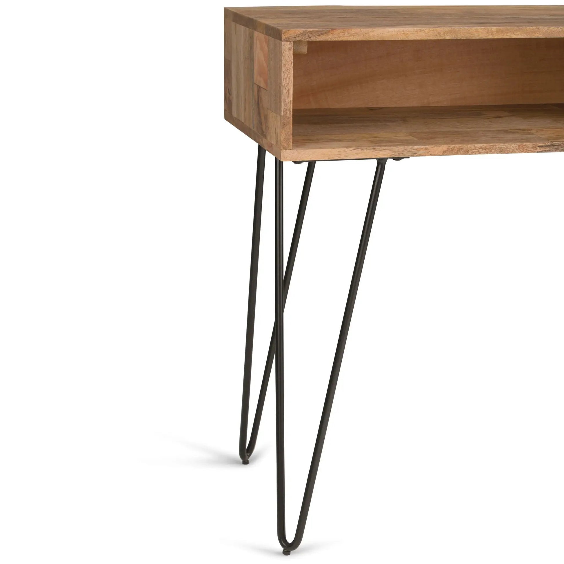 Hunter Console Sofa Table in natural wood finish with lower shelf and black metal hairpin legs on Tampa Home & Garden Store