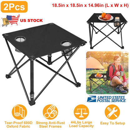 GemGear 2Pcs Foldable Camping Table with 2 Cup Holders, black fabric top, portable desk on Tampa Home & Garden Store