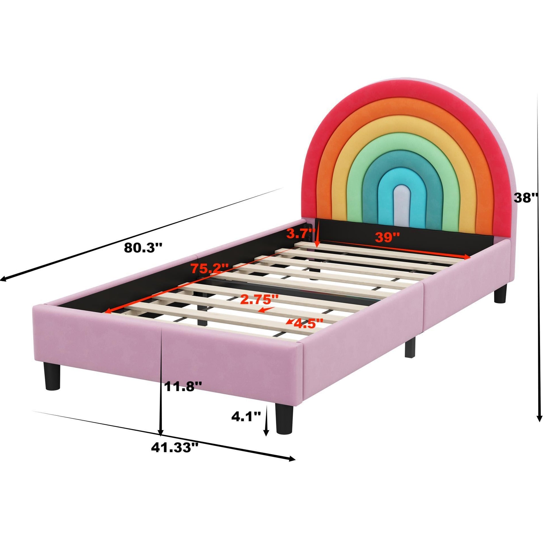 Upholstered pink twin platform bed with rainbow headboard, slats and legs on Tampa Home & Garden Store