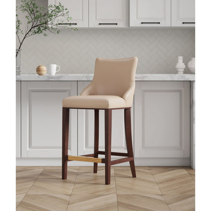 Shubert Barstool by HouseOfZazla, bar-height 28–30 in, tan leather seat with dark wood legs on Tampa Home & Garden Store