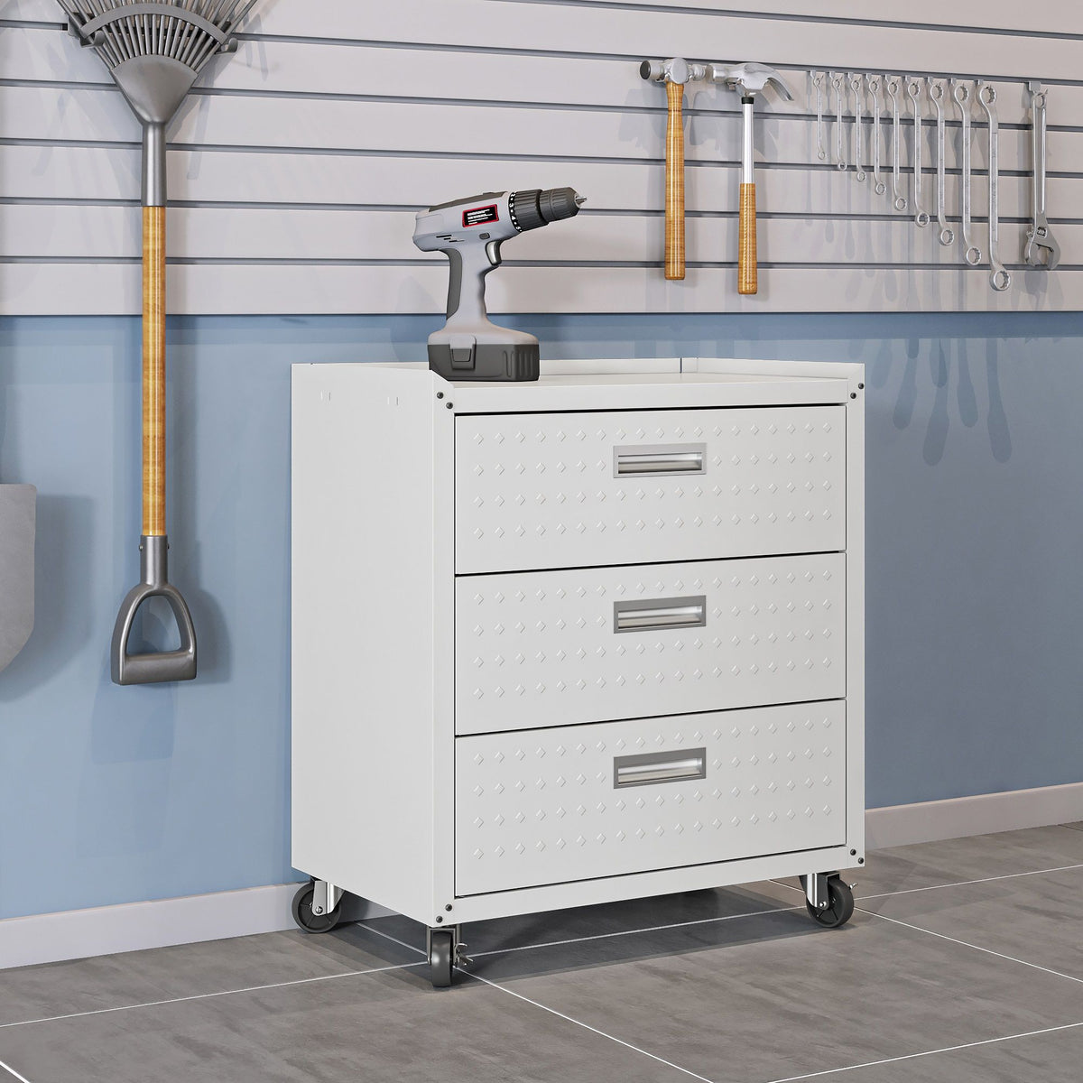 3-drawer rolling garage cabinet with mobile design on caster wheels white body with gray drawers on Tampa Home & Garden Store