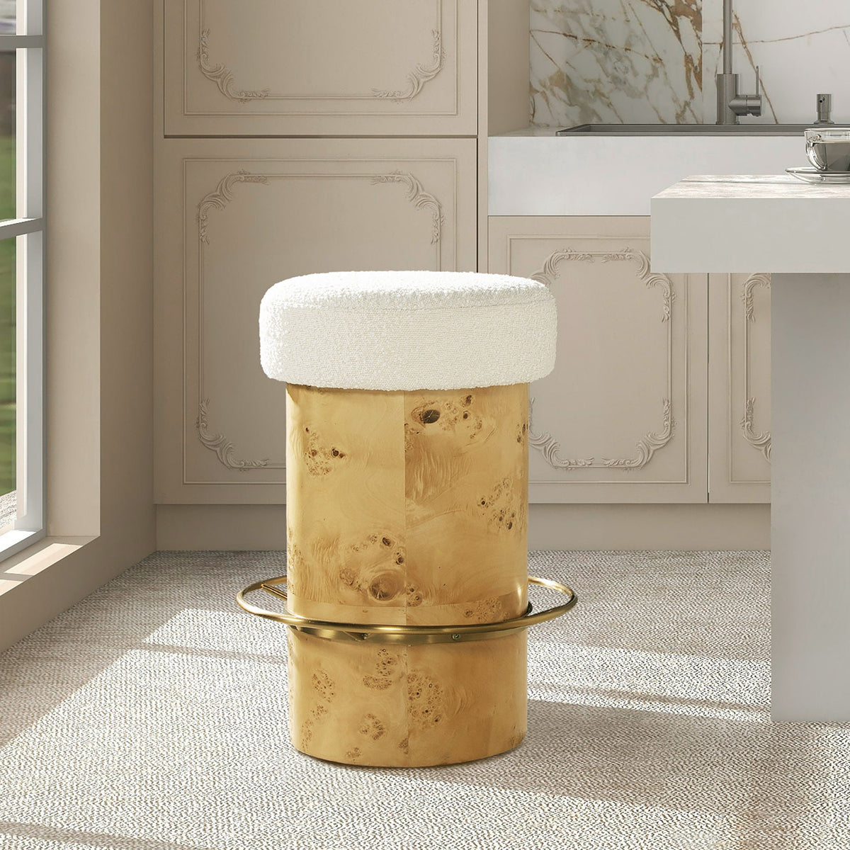 HouseOfZazla Ivory Boucle Upholstered Round-Seat Counter Height Stool with Burl Base on Tampa Home & Garden Store