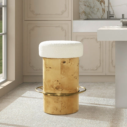 HouseOfZazla Ivory Boucle Upholstered Round-Seat Counter Height Stool with Burl Base on Tampa Home & Garden Store