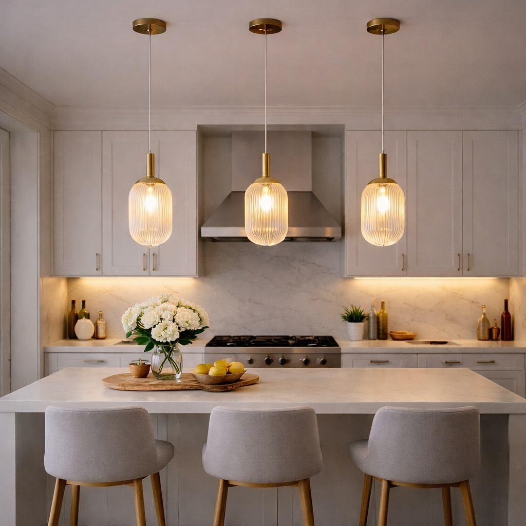 Gemma Pendant Lamp trio with ribbed glass globes and brass hardware over a marble island on Tampa Home & Garden Store