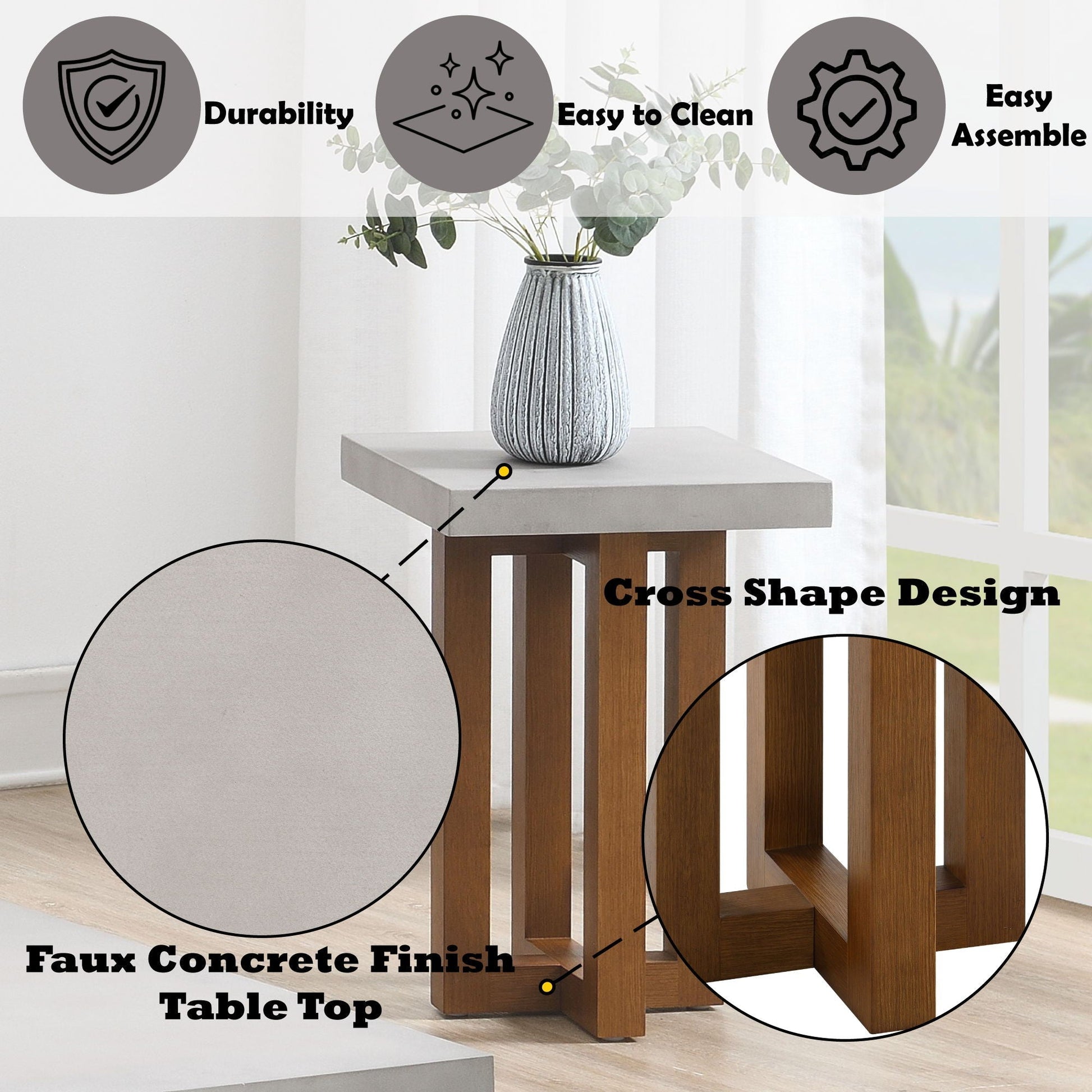 Keven Faux Concrete Top Coffee Table by HouseOfZazla with light gray concrete finish and dark wood cross-frame base on Tampa Home & Garden Store