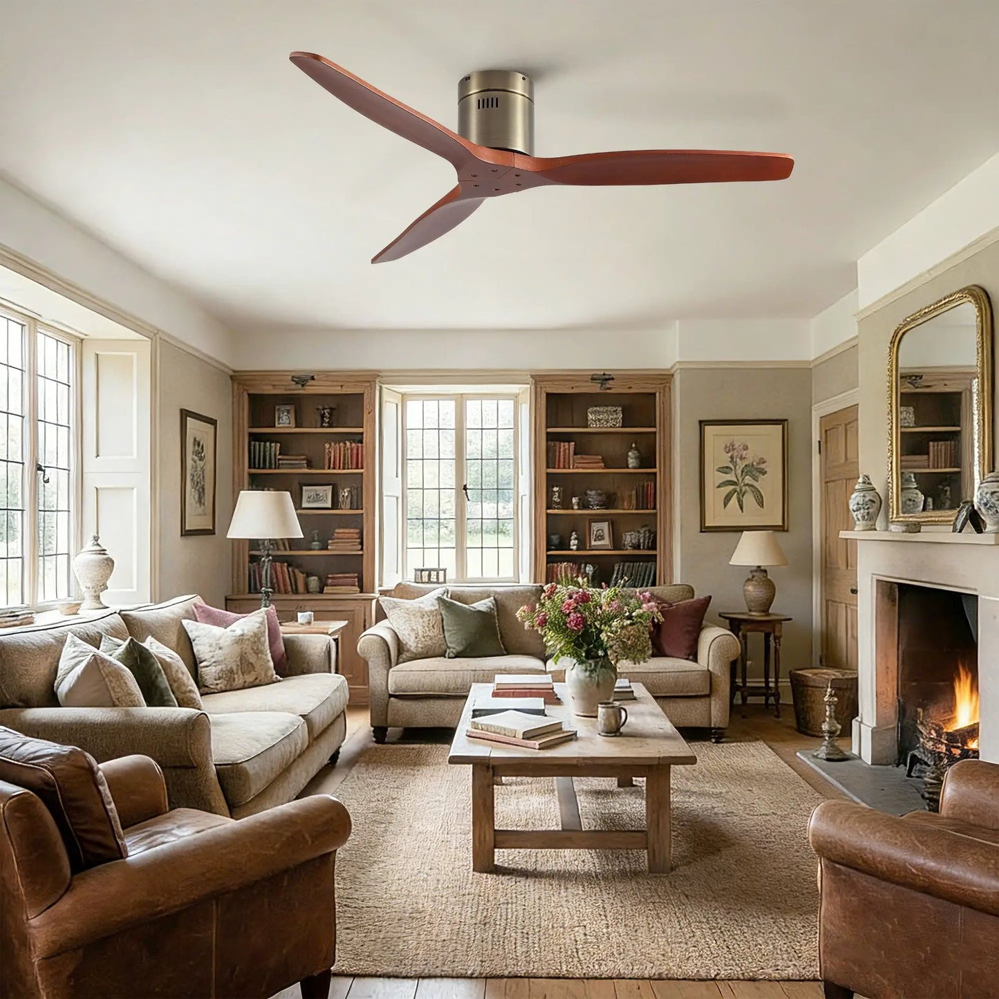 Low-profile flush-mount ceiling fan with wood blades brushed metal Unique Piece Furniture on Tampa Home & Garden Store