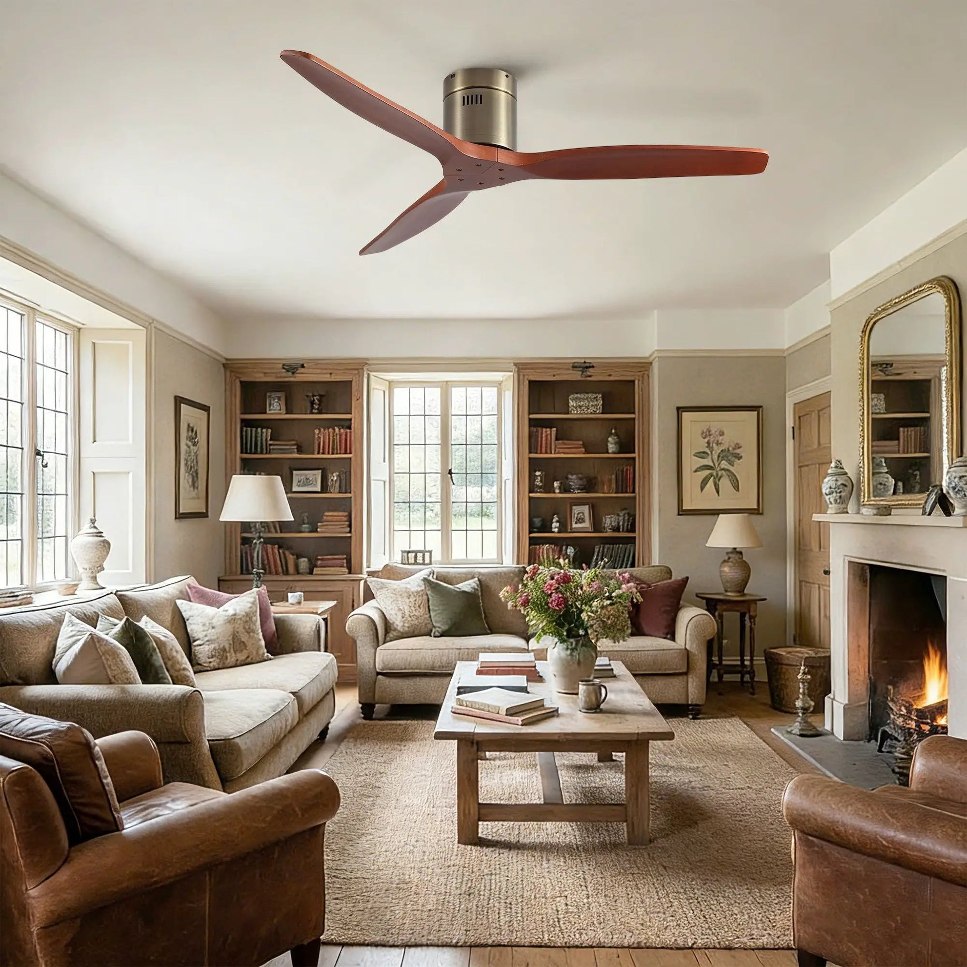 Low-profile flush-mount ceiling fan with wood blades brushed metal Unique Piece Furniture on Tampa Home & Garden Store