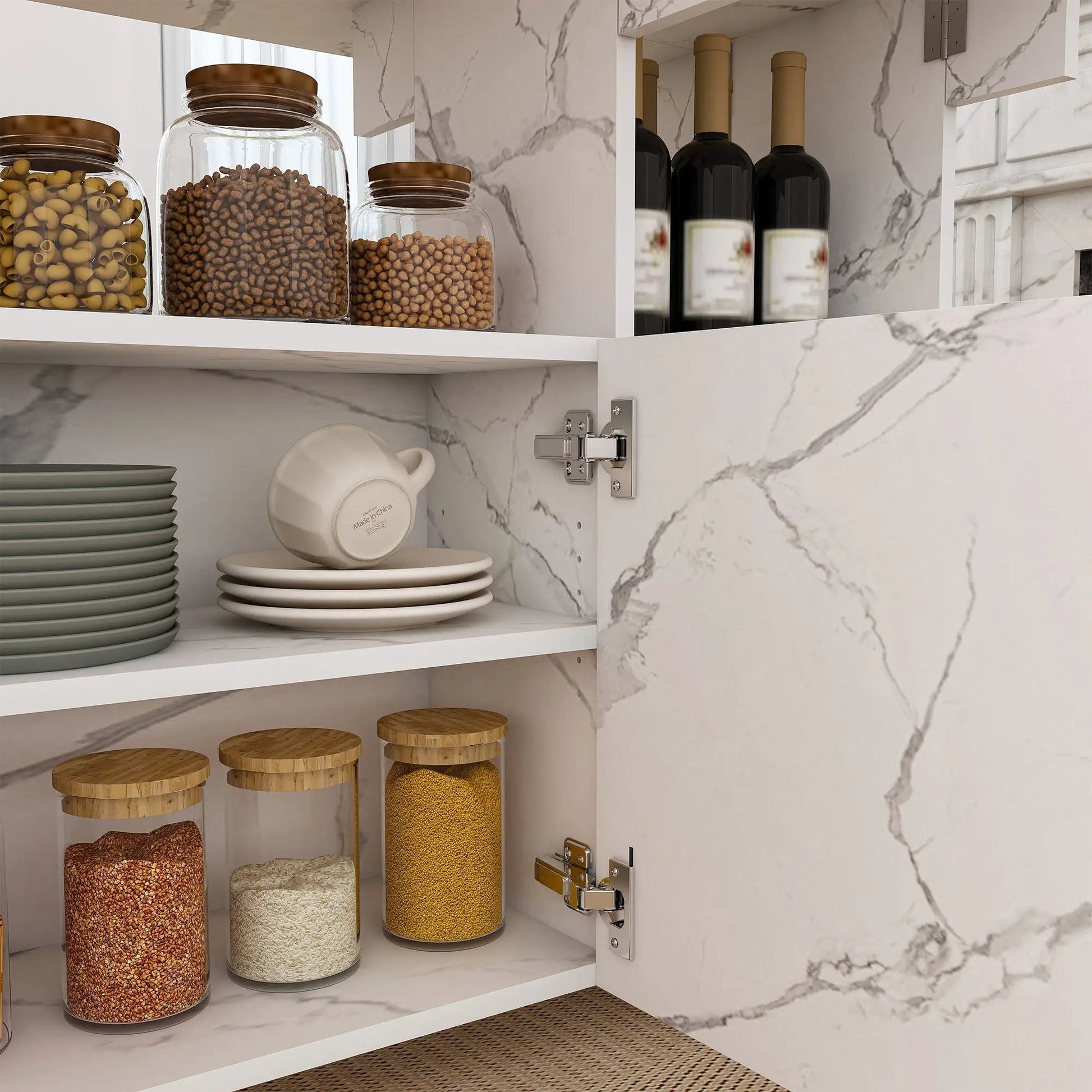 Multi functional folding table island with storage shelves and wheels in marble kitchen setting on Tampa Home & Garden Store