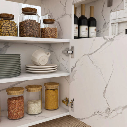 Multi functional folding table island with storage shelves and wheels in marble kitchen setting on Tampa Home & Garden Store