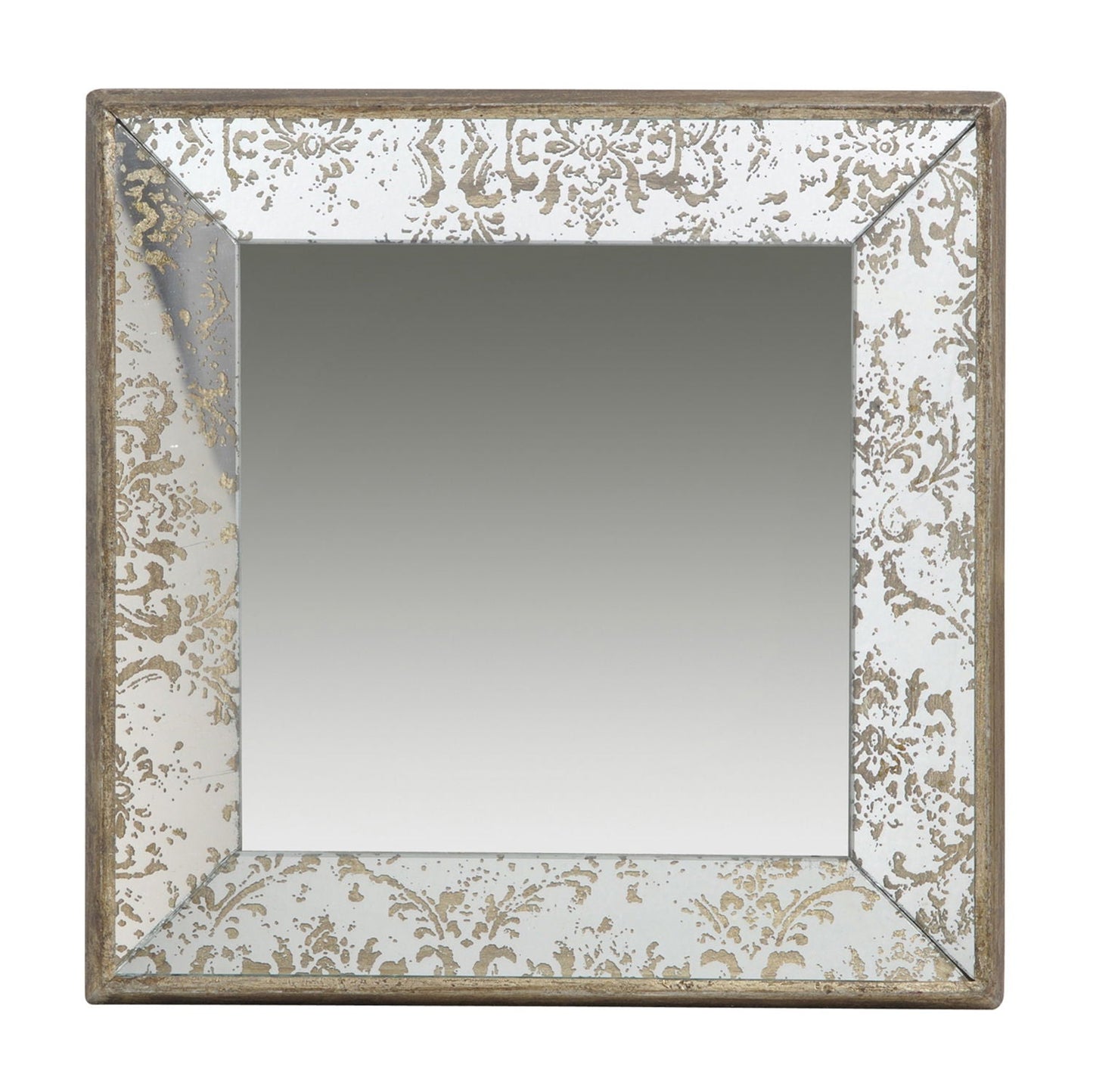 Antique rectangle wall mirror with white and gold damascene floral accents and a wood frame on Tampa Home & Garden Store