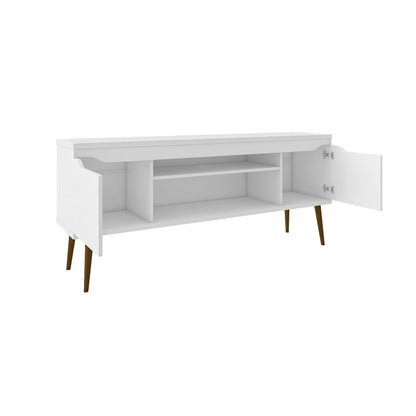 Bradley Modern TV Stand white finish with concealed storage and wire management, brown legs on Tampa Home & Garden Store