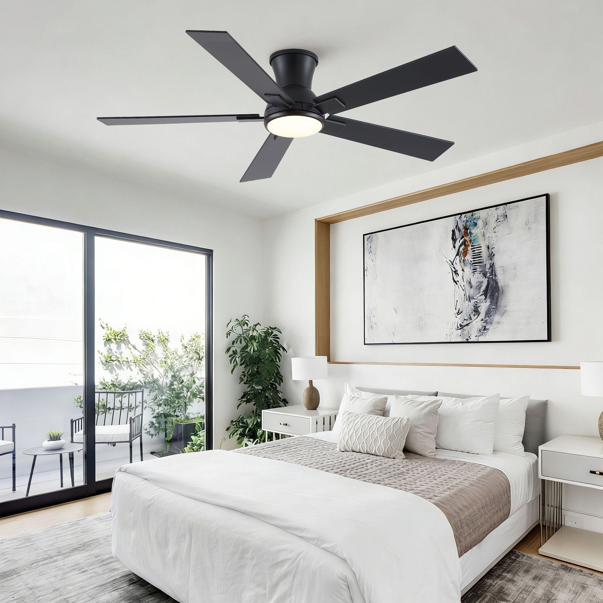 Low-profile flush-mount LED ceiling fan with light, reversible motor, black by HouseOfZazla on Tampa Home & Garden Store
