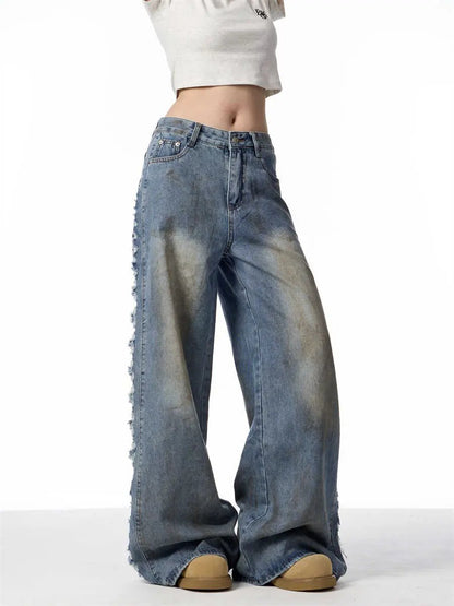 American Retro Gradient Jeans for Women by FLIPSTYLEZLLC, blue wide-leg distressed denim on Tampa Home & Garden Store