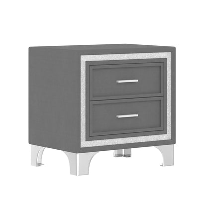 Gray upholstered nightstand with silver trim from HouseOfZazla 3-piece queen bedroom set on Tampa Home & Garden Store