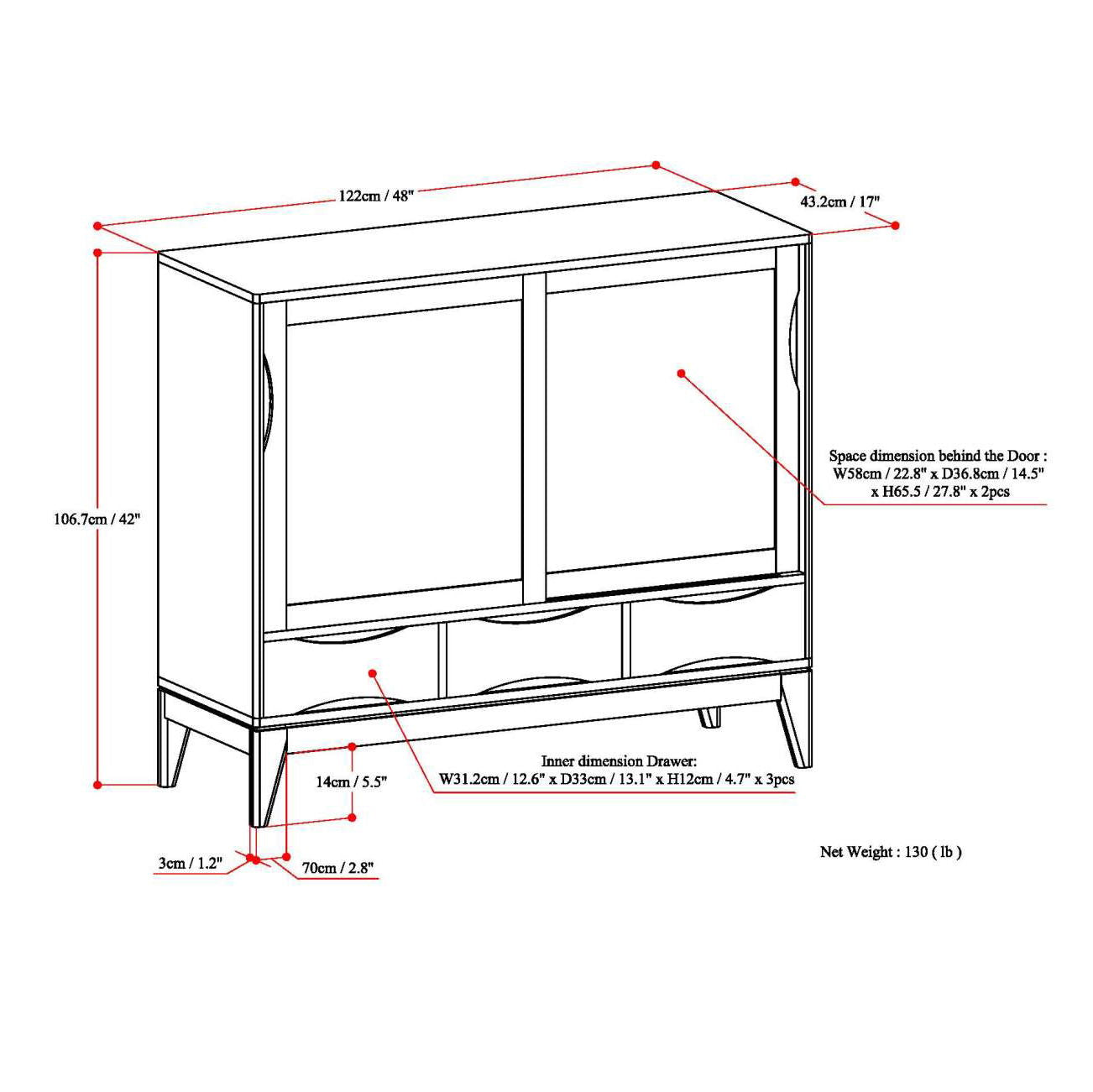 Harper Storage Cabinet, HouseOfZazla accent cabinet with dual doors, two drawers, tapered legs on Tampa Home & Garden Store