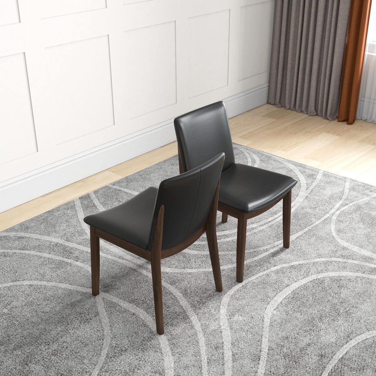 Mid-Century modern solid wood dining chair set with black fabric upholstery, two chairs on Tampa Home & Garden Store