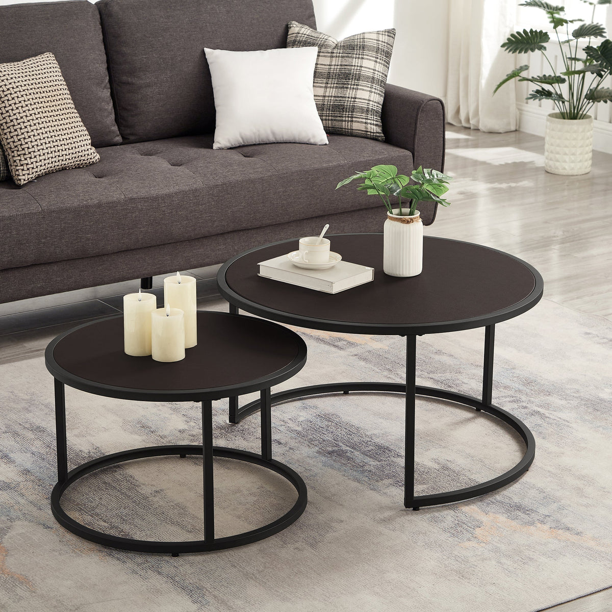 Modern faux-leather nesting round coffee tables set of 3 in dark brown with black metal frames on Tampa Home & Garden Store
