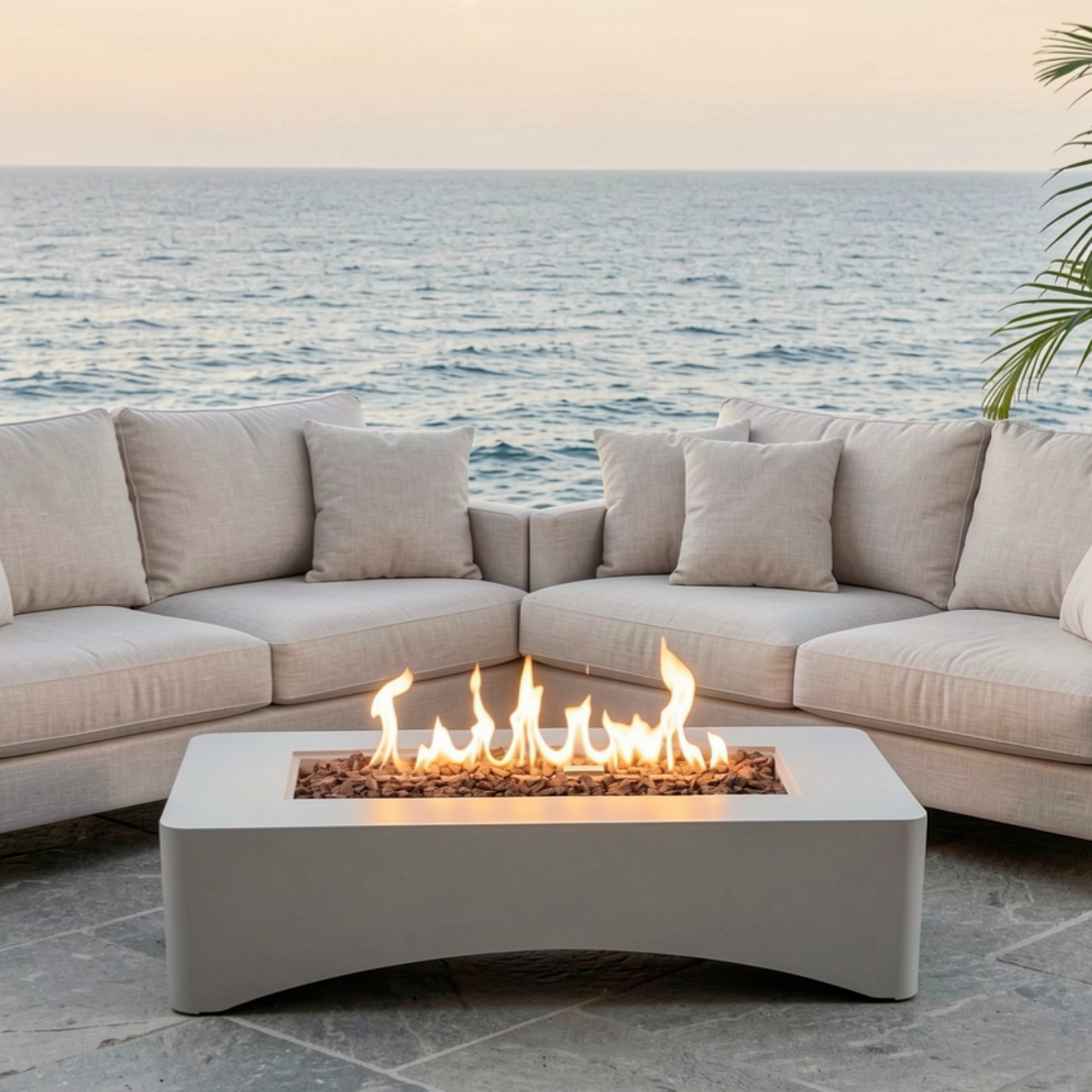 56' Propane Fire Pit Table, rectangular white outdoor gas fire pit by HouseOfZazla with flames on Tampa Home & Garden Store