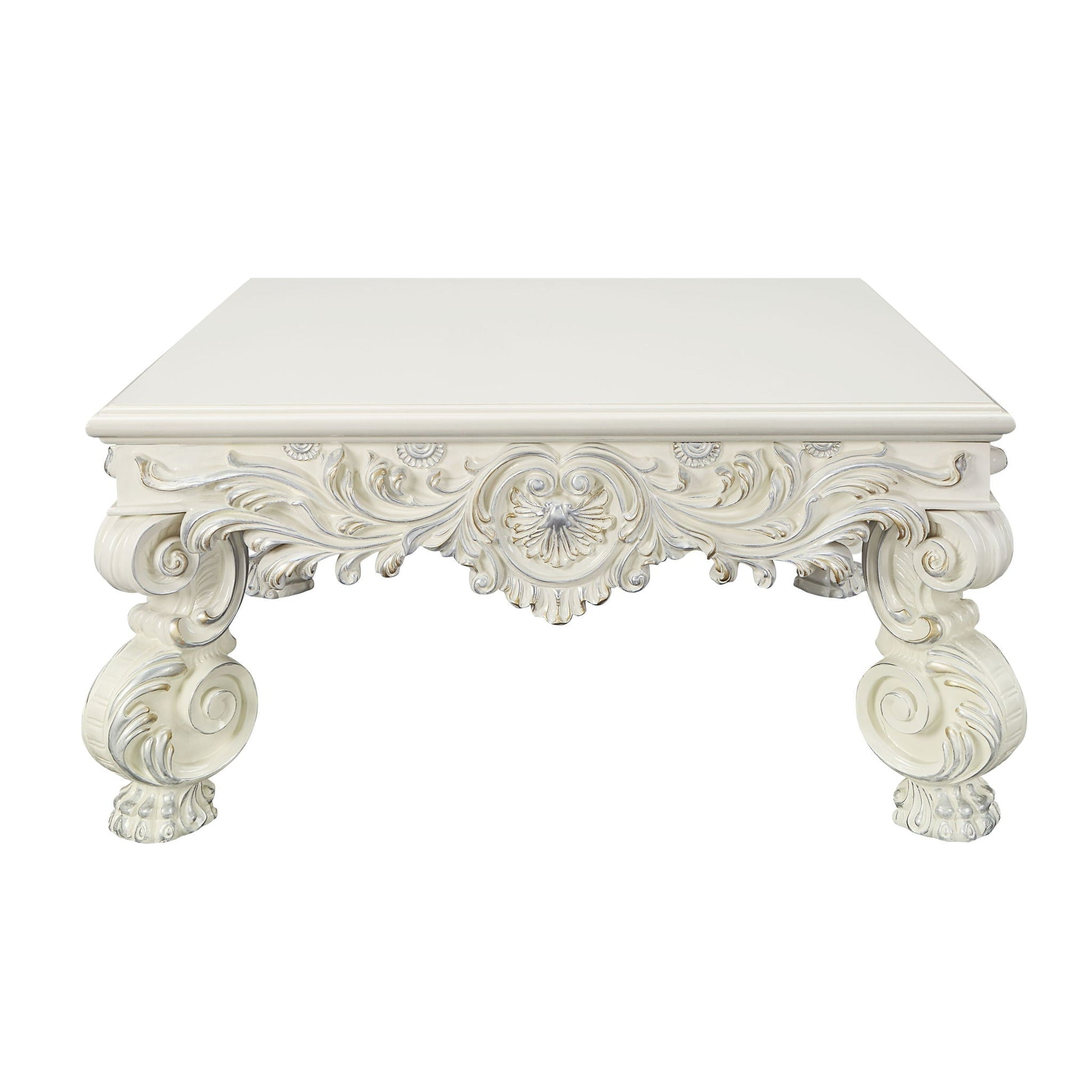 Adara Elegant White Coffee Table by HouseOfZazla with carved scroll legs, cream finish on Tampa Home & Garden Store