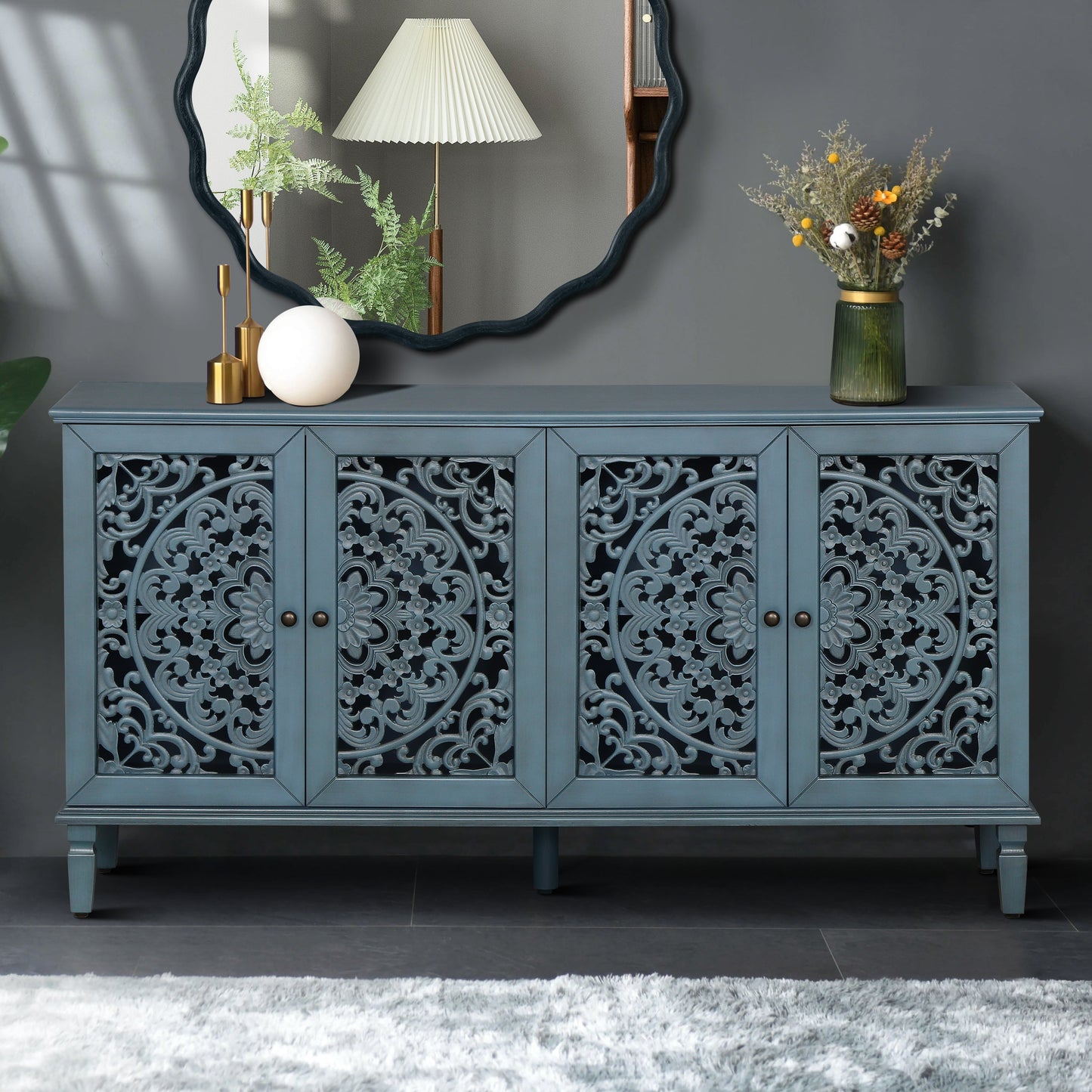 60in antique buffet cabinet with blue-gray finish, floral carved doors, and adjustable shelves on Tampa Home & Garden Store