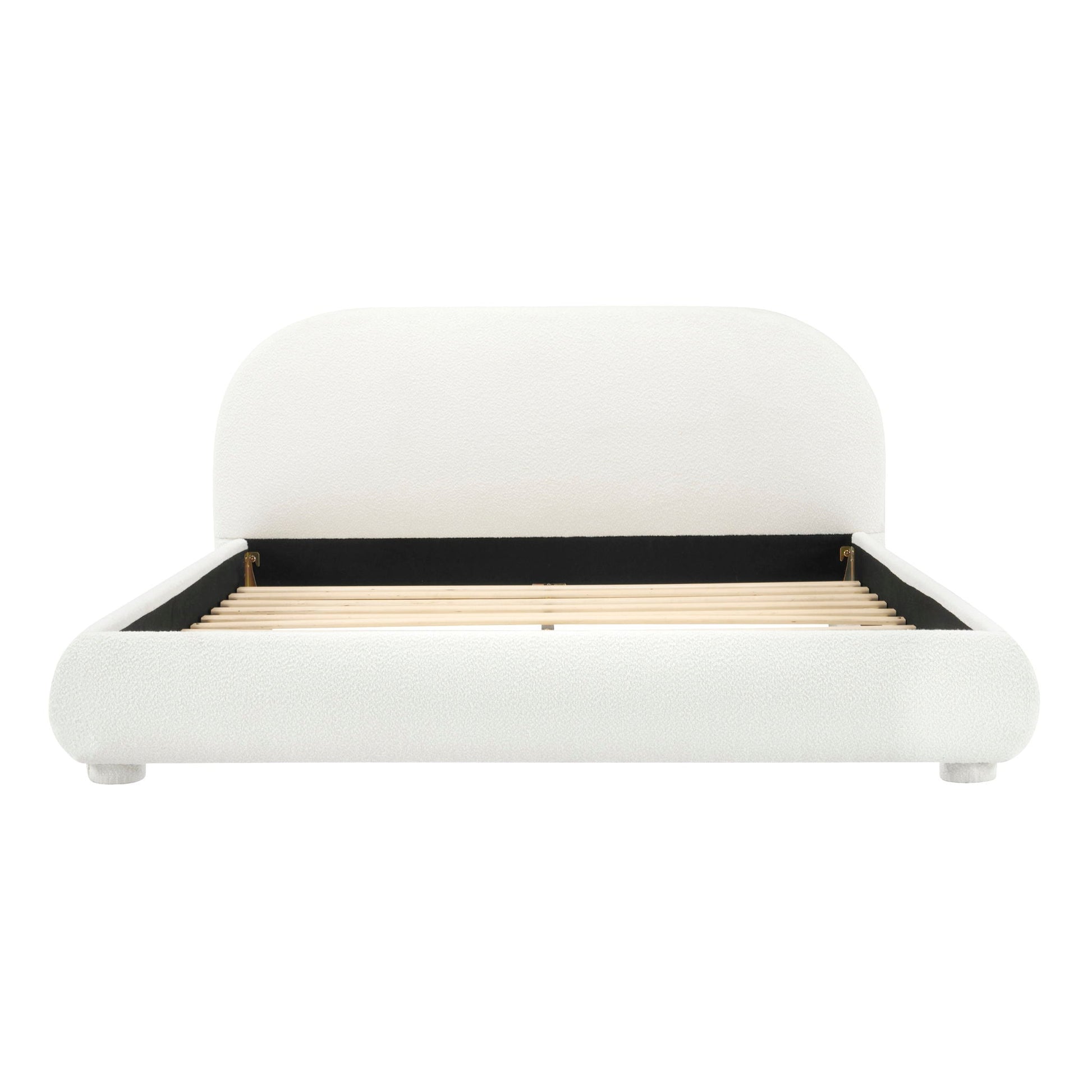 Upholstered bed with curved headboard in white fabric with slatted base on Tampa Home & Garden Store