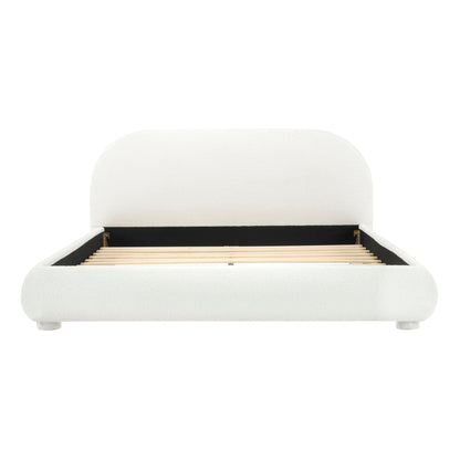 Upholstered bed with curved headboard in white fabric with slatted base on Tampa Home & Garden Store