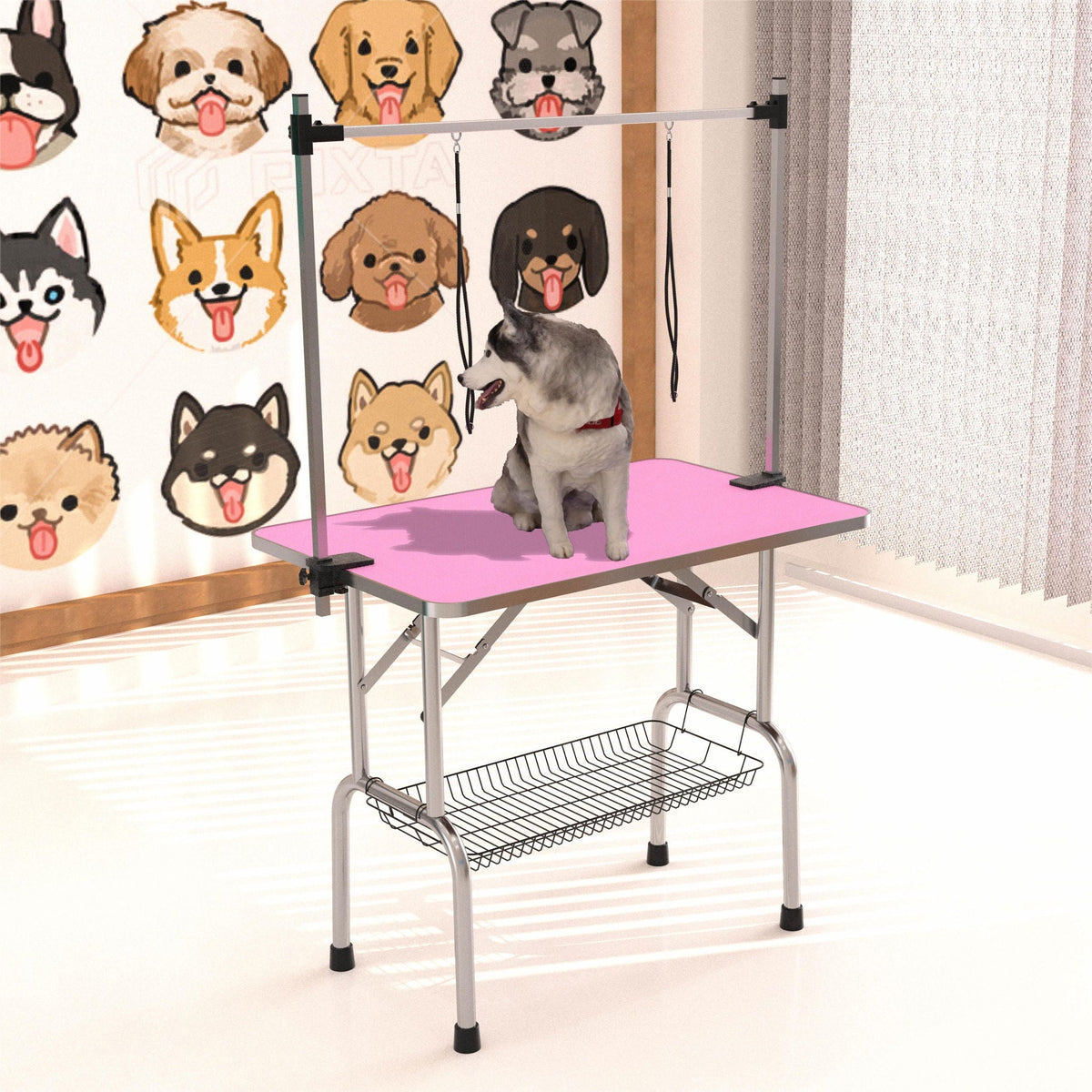 Folding pet grooming table with stainless steel frame, pink top, mat, adjustable arm and clamps on Tampa Home & Garden Store