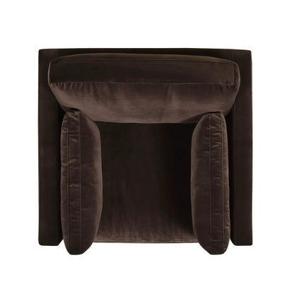 Knox Modern Farmhouse Arm Chair, dark brown velvet upholstery with plush cushioned arms on Tampa Home & Garden Store