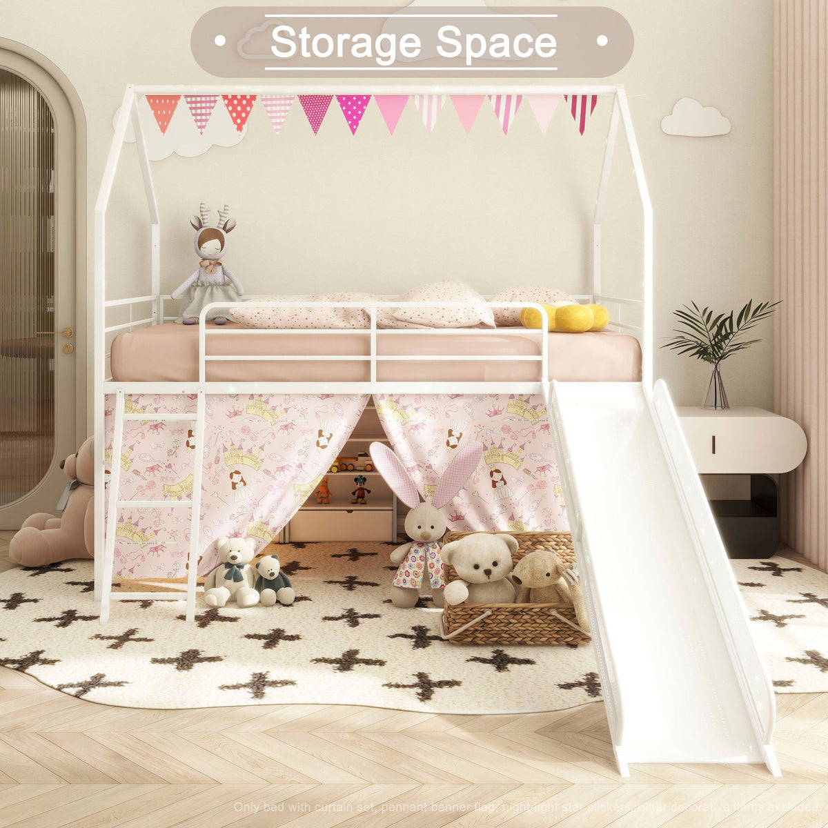 Jack loft bed with slide and curtain set, white frame, pink bedding by HouseOfZazla on Tampa Home & Garden Store