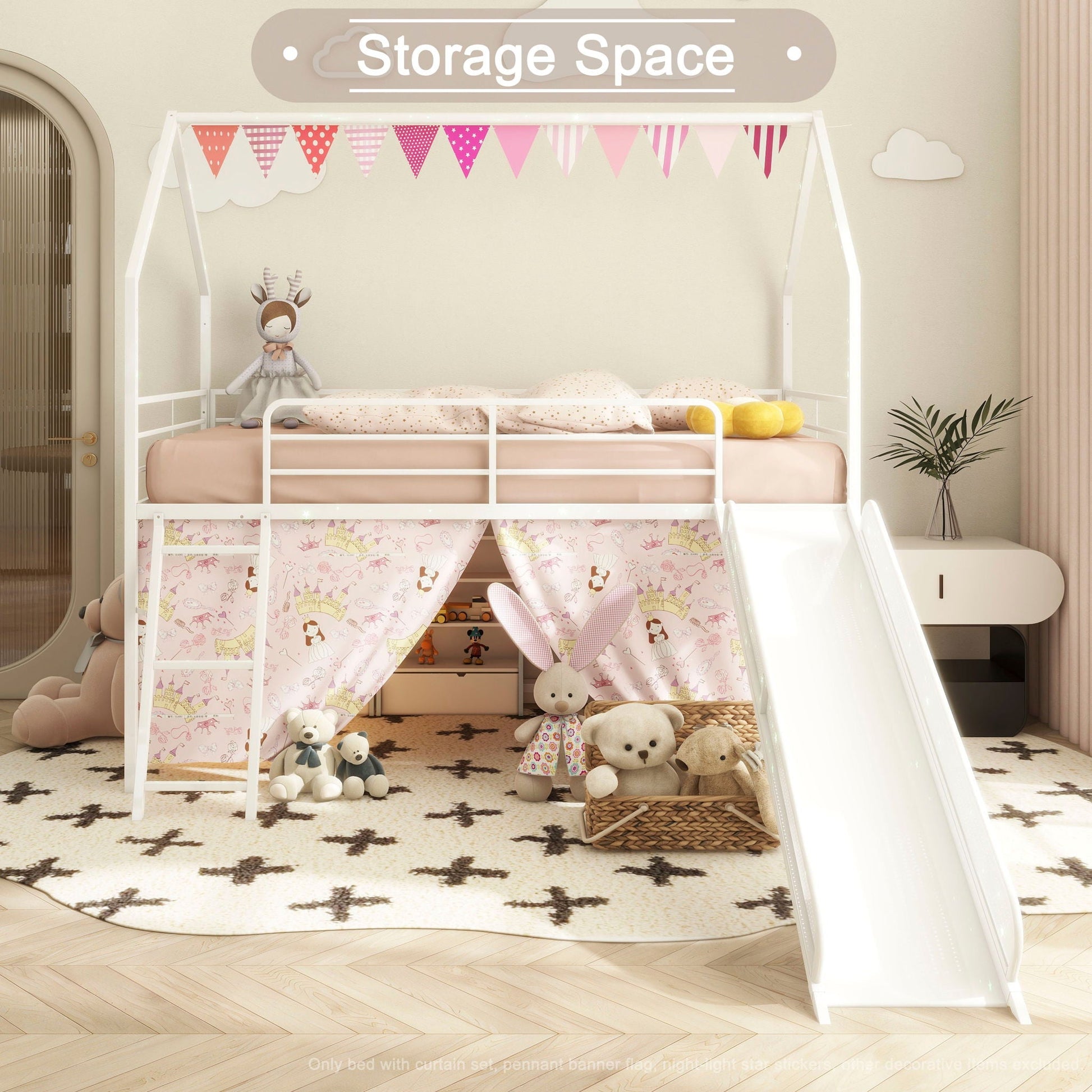 Jack loft bed with slide and curtain set, white frame, pink bedding by HouseOfZazla on Tampa Home & Garden Store