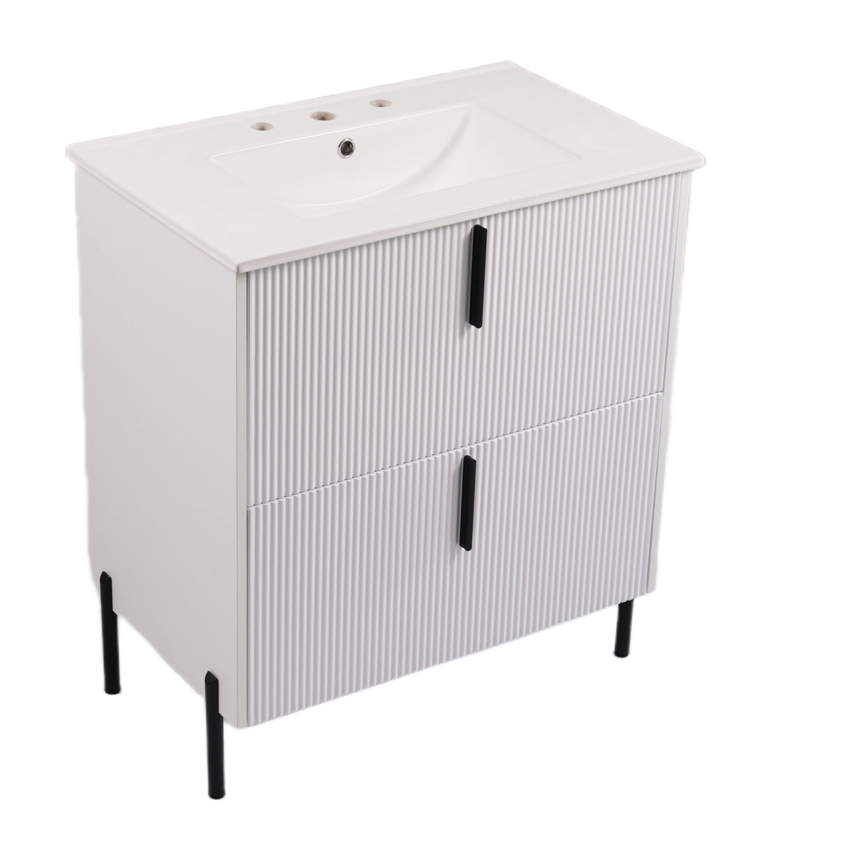 Bathroom vanity with ceramic sink, white top and fluted cabinet on black metal legs on Tampa Home & Garden Store