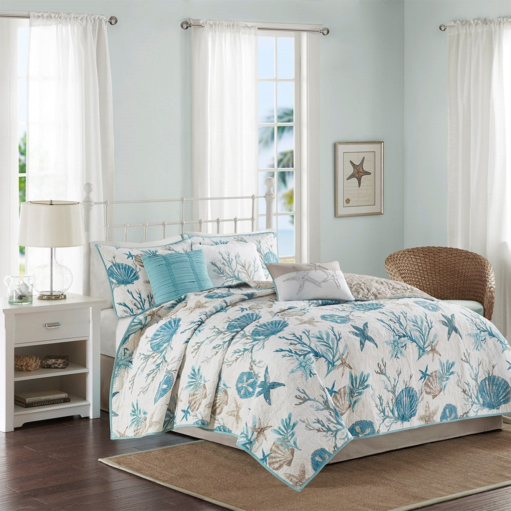 Aqua Cotton Sateen Quilt Set with Coastal Motifs - 6 Piece Full/Queen on white bed on Tampa Home & Garden Store
