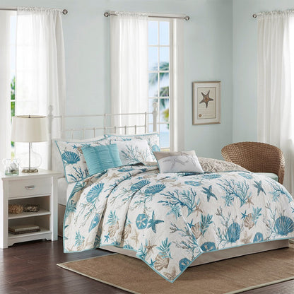 Aqua Cotton Sateen Quilt Set with Coastal Motifs - 6 Piece Full/Queen on white bed on Tampa Home & Garden Store