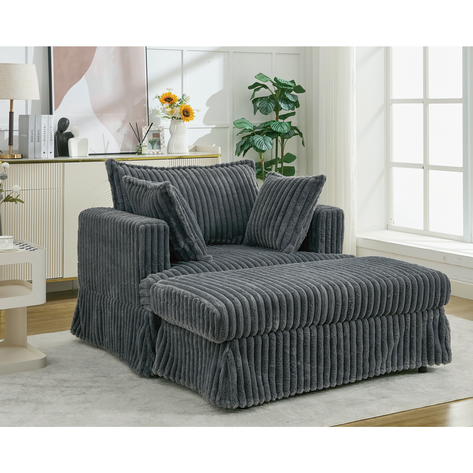 Oversized corduroy chaise lounge with ottoman in dark gray ribbed texture, 2-piece set on Tampa Home & Garden Store