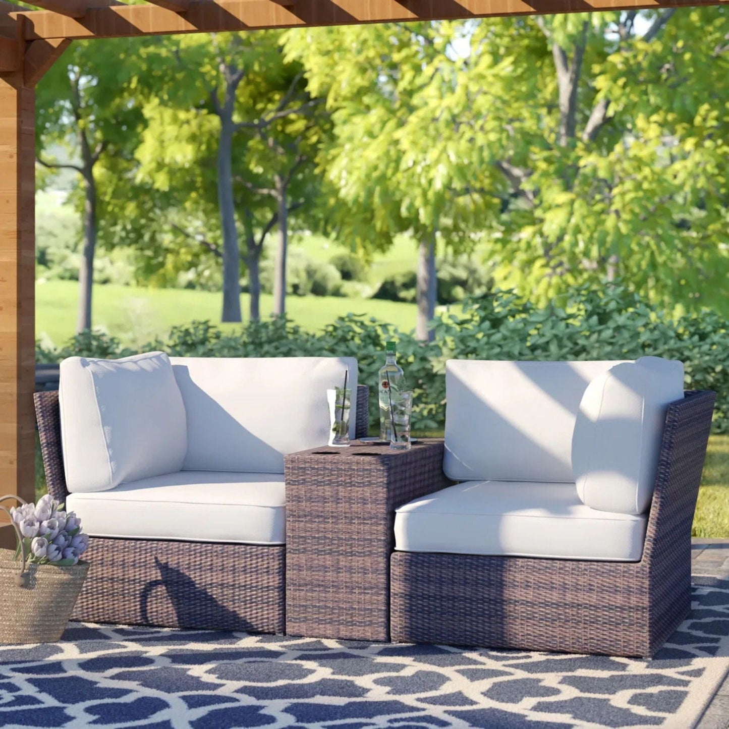 Outdoor Wicker Loveseat Set and Side Table