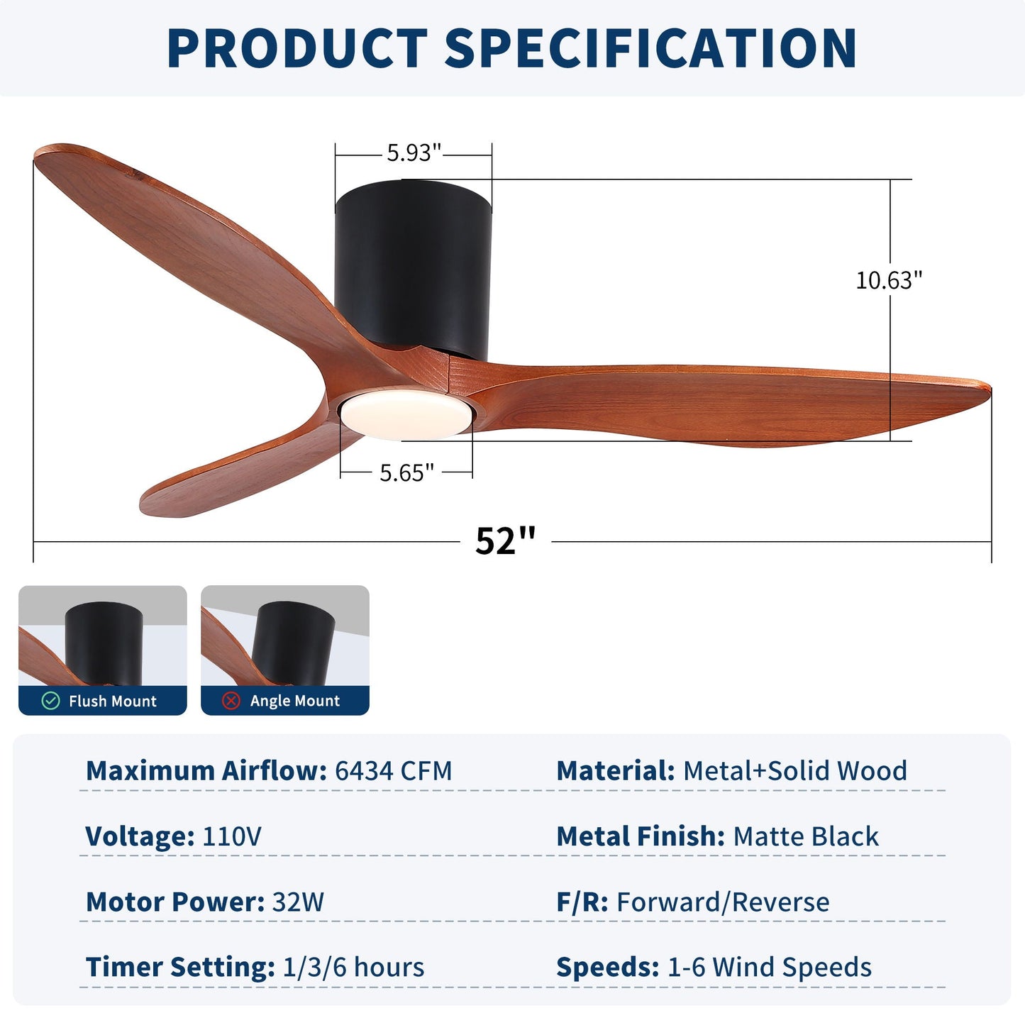 Low Profile Flush Mount Ceiling Fan with Light matte black motor wood blades HouseOfZazla on Tampa Home & Garden Store