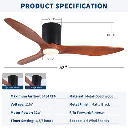 Low Profile Flush Mount Ceiling Fan with Light matte black motor wood blades HouseOfZazla on Tampa Home & Garden Store