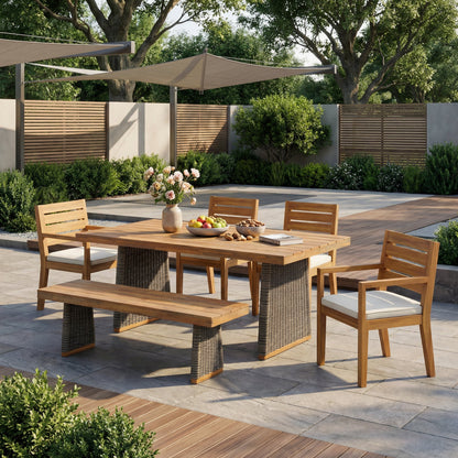 Outdoor acacia wood patio dining set with bench seating and wicker-wrapped pedestal bases on Tampa Home & Garden Store